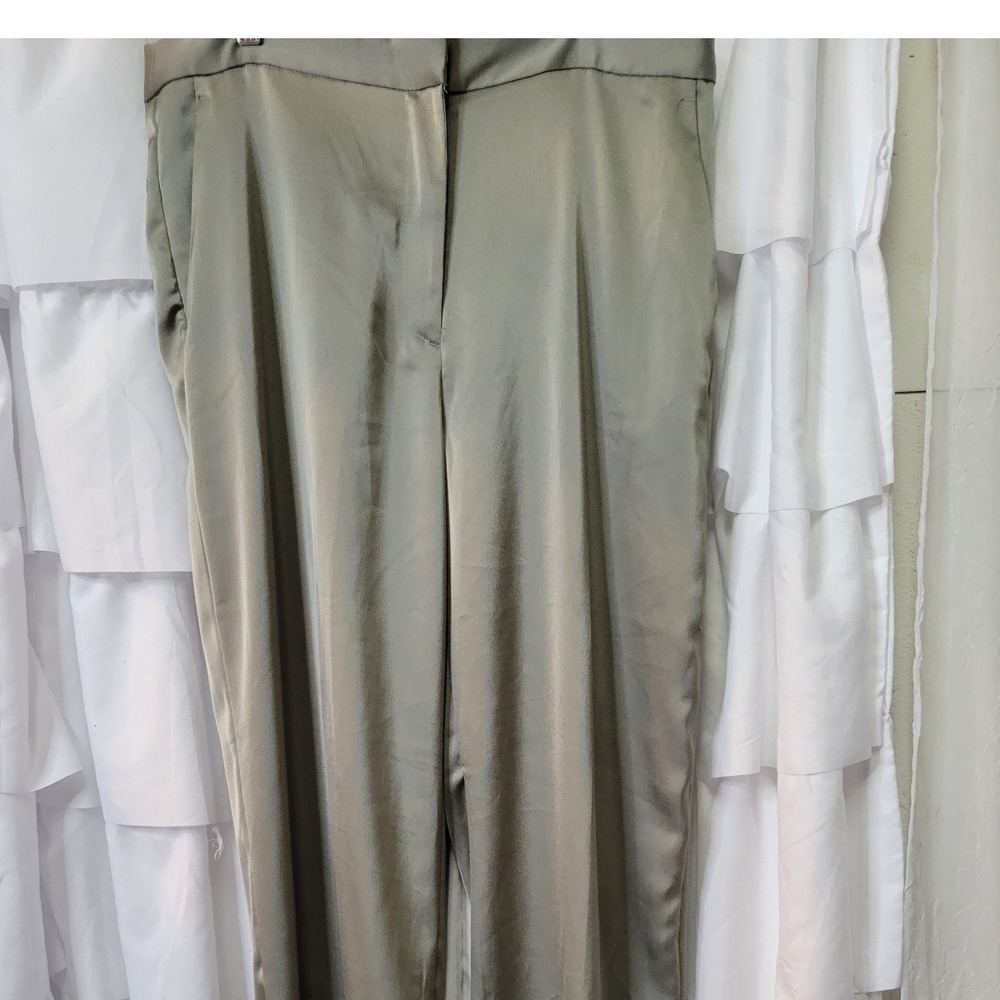 HM Sage Green Satin High Waisted Straight Leg Trousers Pants Size 14 EUR 46 2101